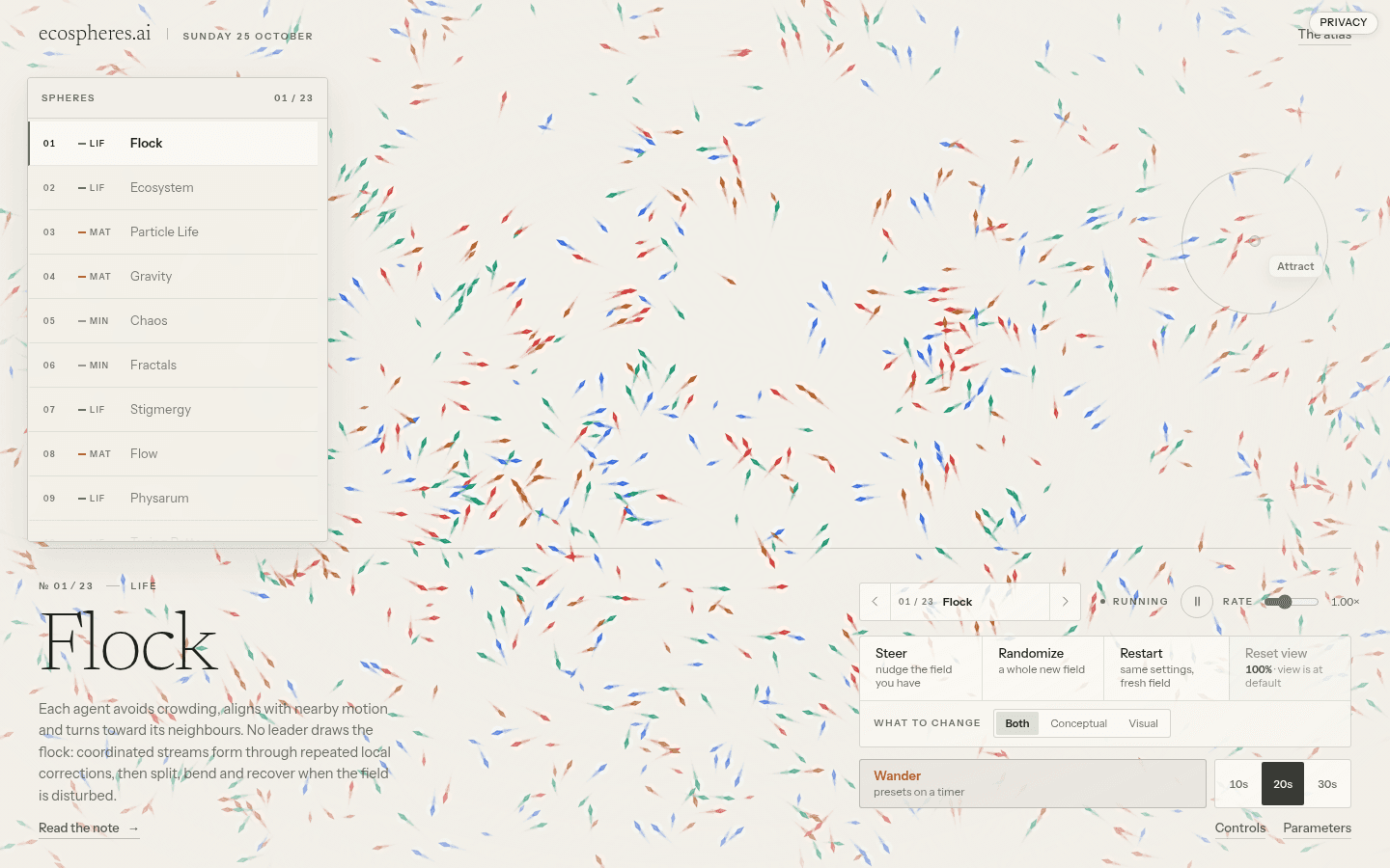 Ecospheres Flock simulation interface