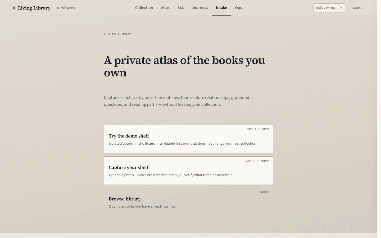 Living Library welcome screen with a ready-made demo shelf